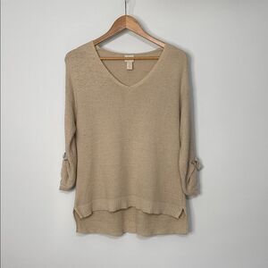Chico's Beige Knit V-Neck Tab Sleeve Sweater Size Small